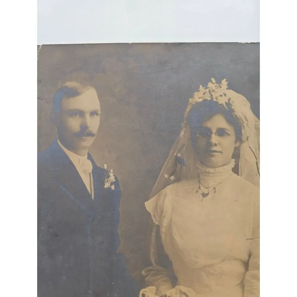Antique Wedding Portrait Bride Groom Memorabilia 20X16 Black White Blue